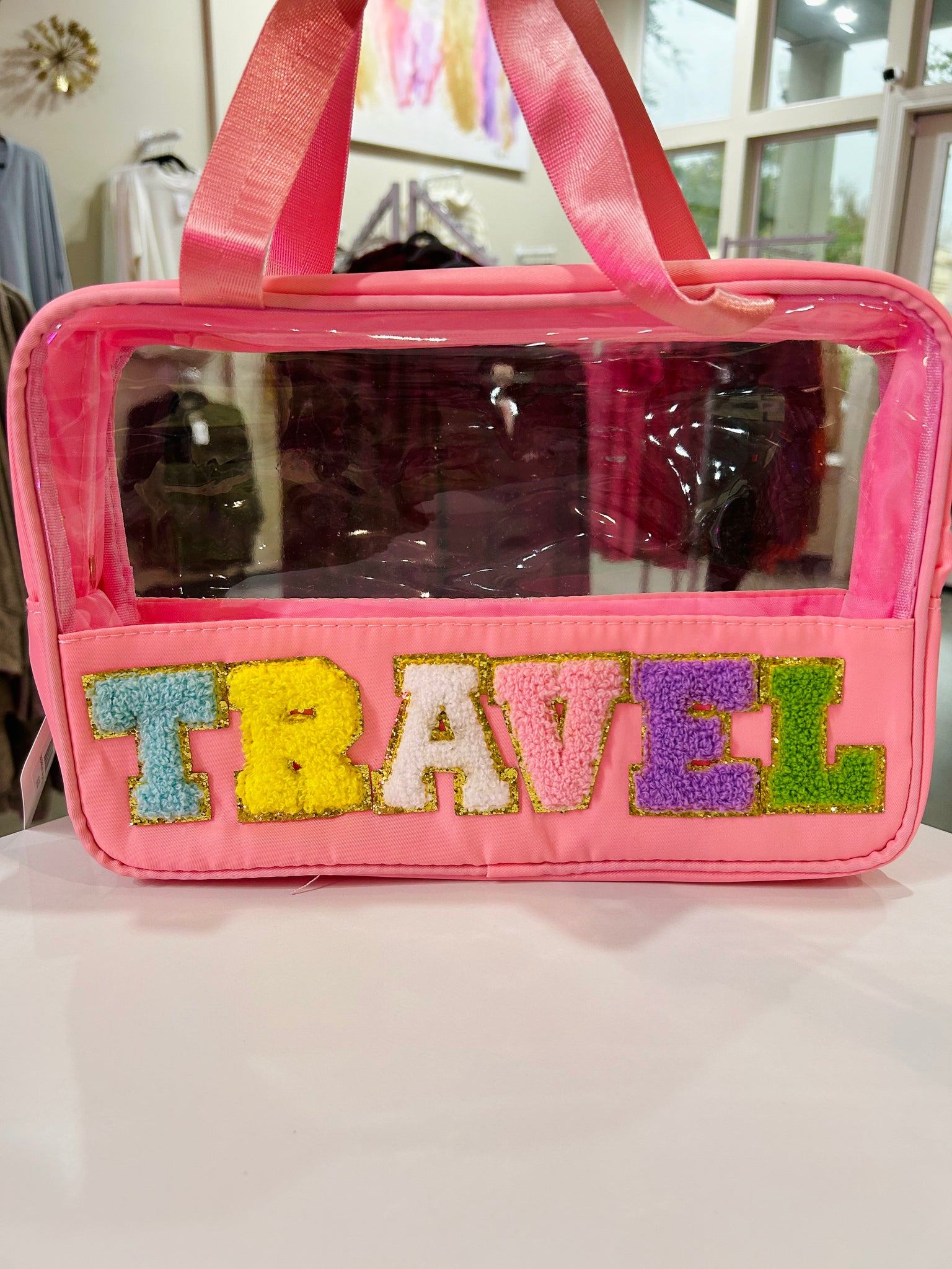Pink "Travel" Patch Letter Makeup Bag