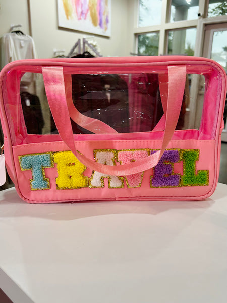 Pink "Travel" Patch Letter Makeup Bag