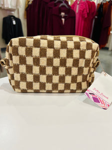 Knit Checkered Makeup Pouch - Brown