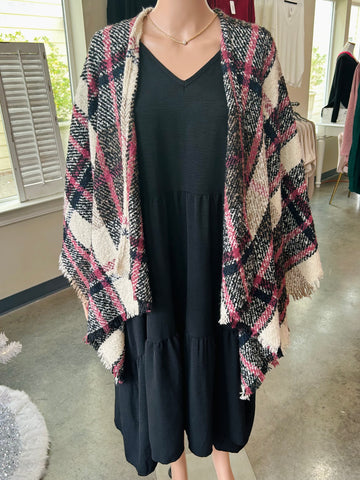 Soft Knit Plaid Kimono with String Tassel Edges