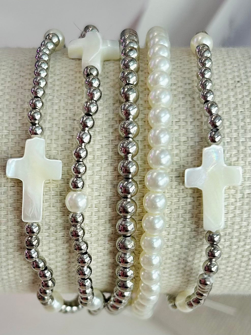 Set of Five Cross Beaded Stretch Bracelets - Silver