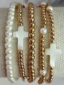 Set of Five Cross Beaded Stretch Bracelets - Gold