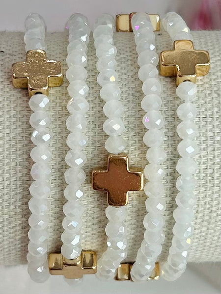 Cross Beaded Stretch Bracelet Set - White