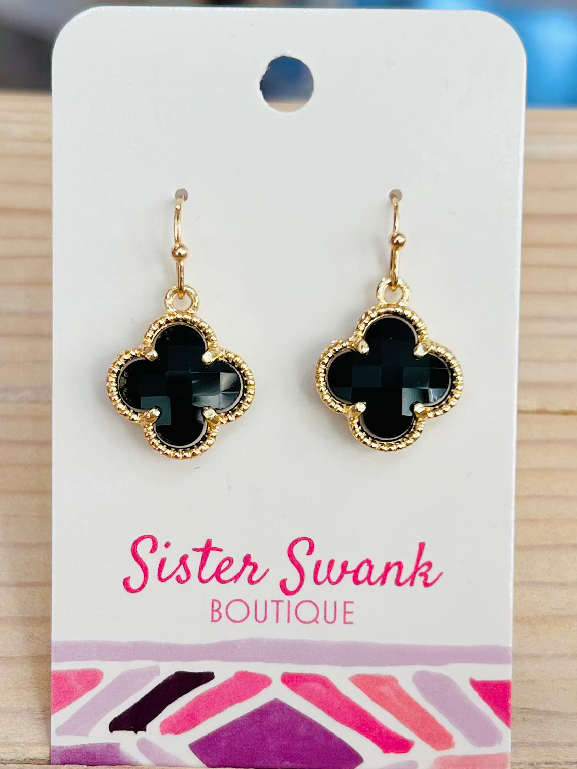 Glass Crystal Clover Drop Earrings - Black