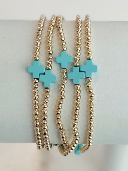 Cross Beaded Stretch Bracelet Set - Turquoise