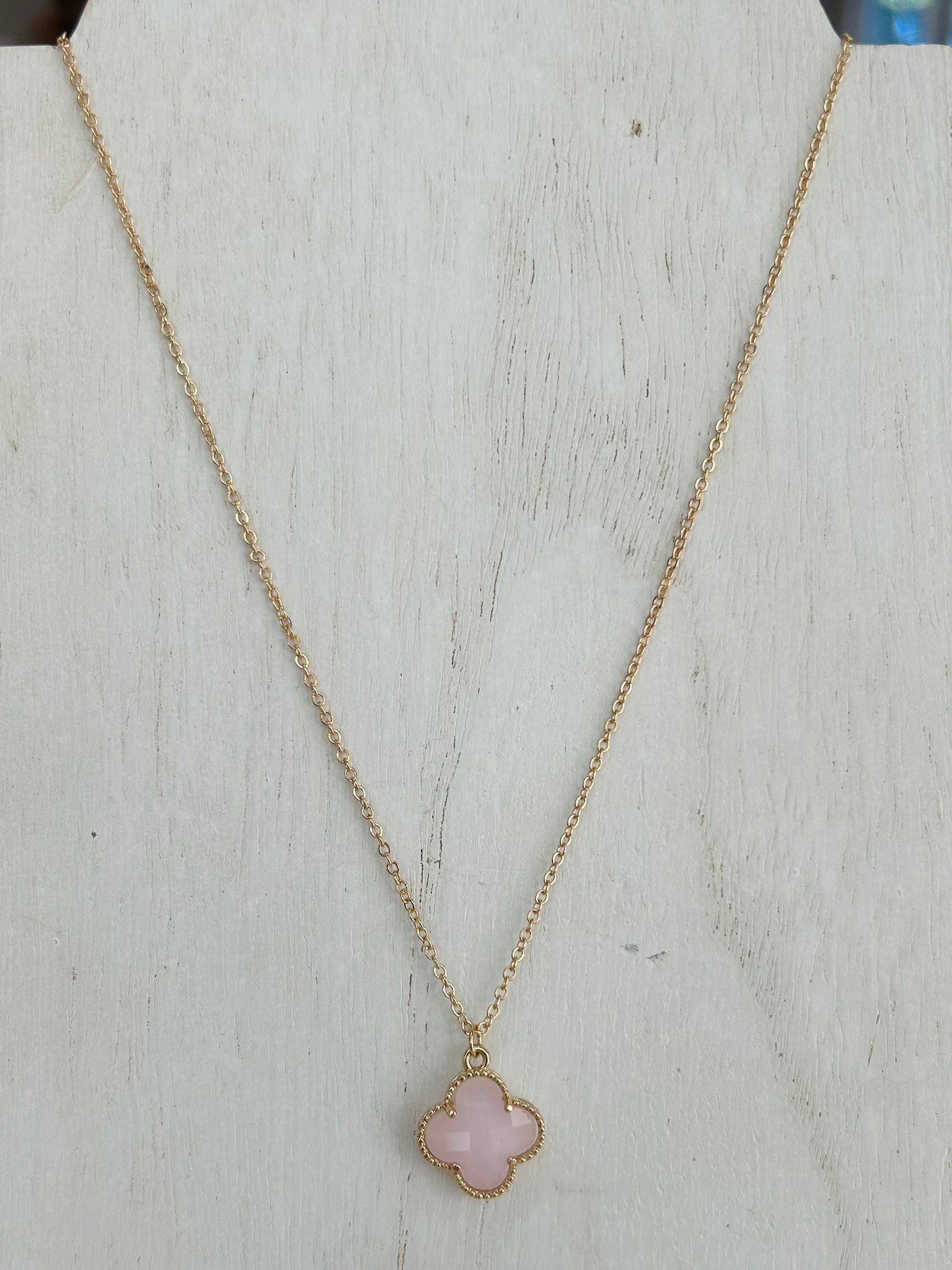 Dainty Crystal Clover Pendant Necklace - Pink