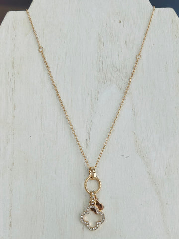 Rhinestone Clover Charms Necklace - Gold