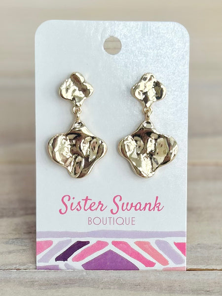 Linked Metal Tone Hammered Clover Post Drop Earring