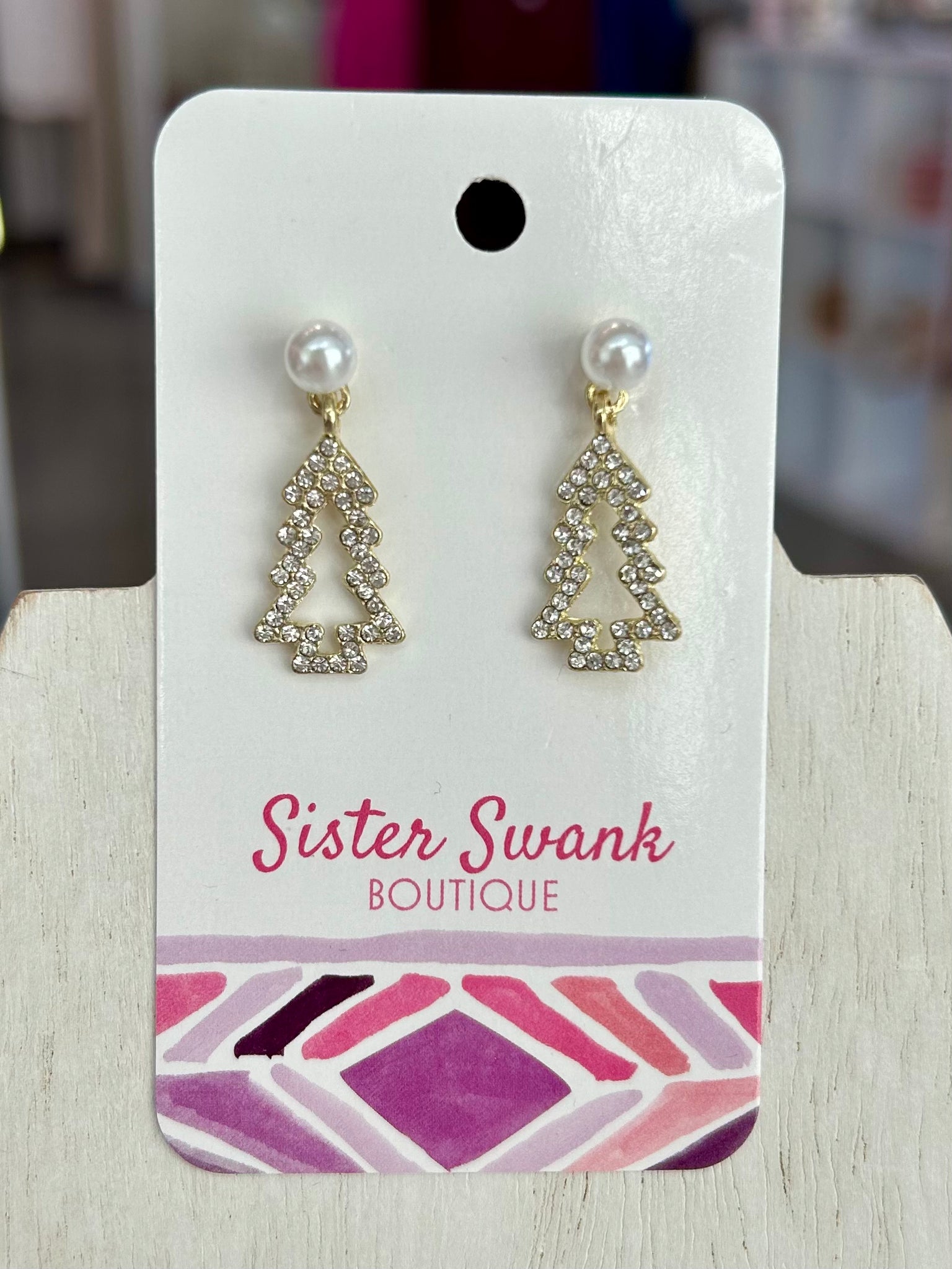 Rhinestone Christmas Tree Earrings - Gold