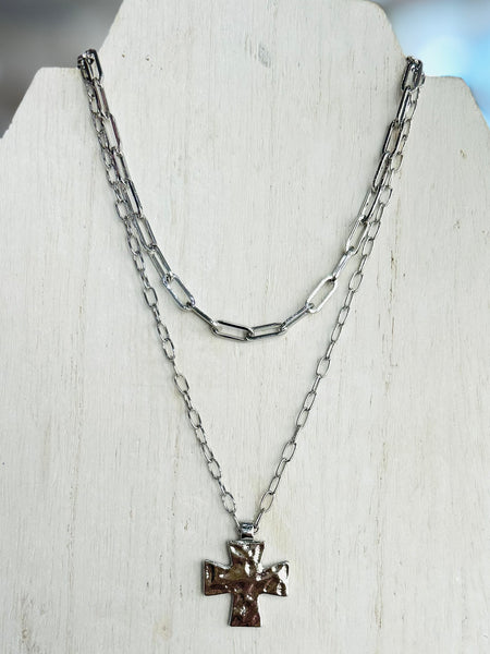 Layered Cross Necklace - Silver