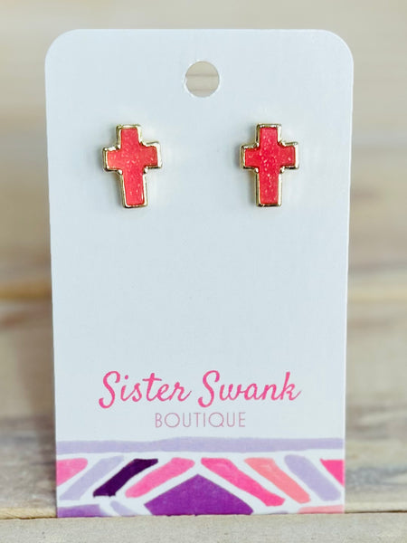 Druzy Cross Stud Earrings - Pink