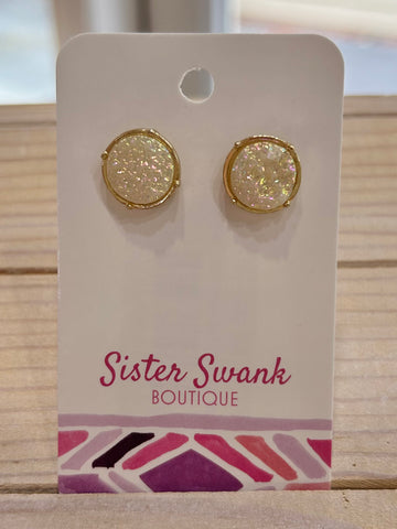 Round Druzy Stud Earrings - White