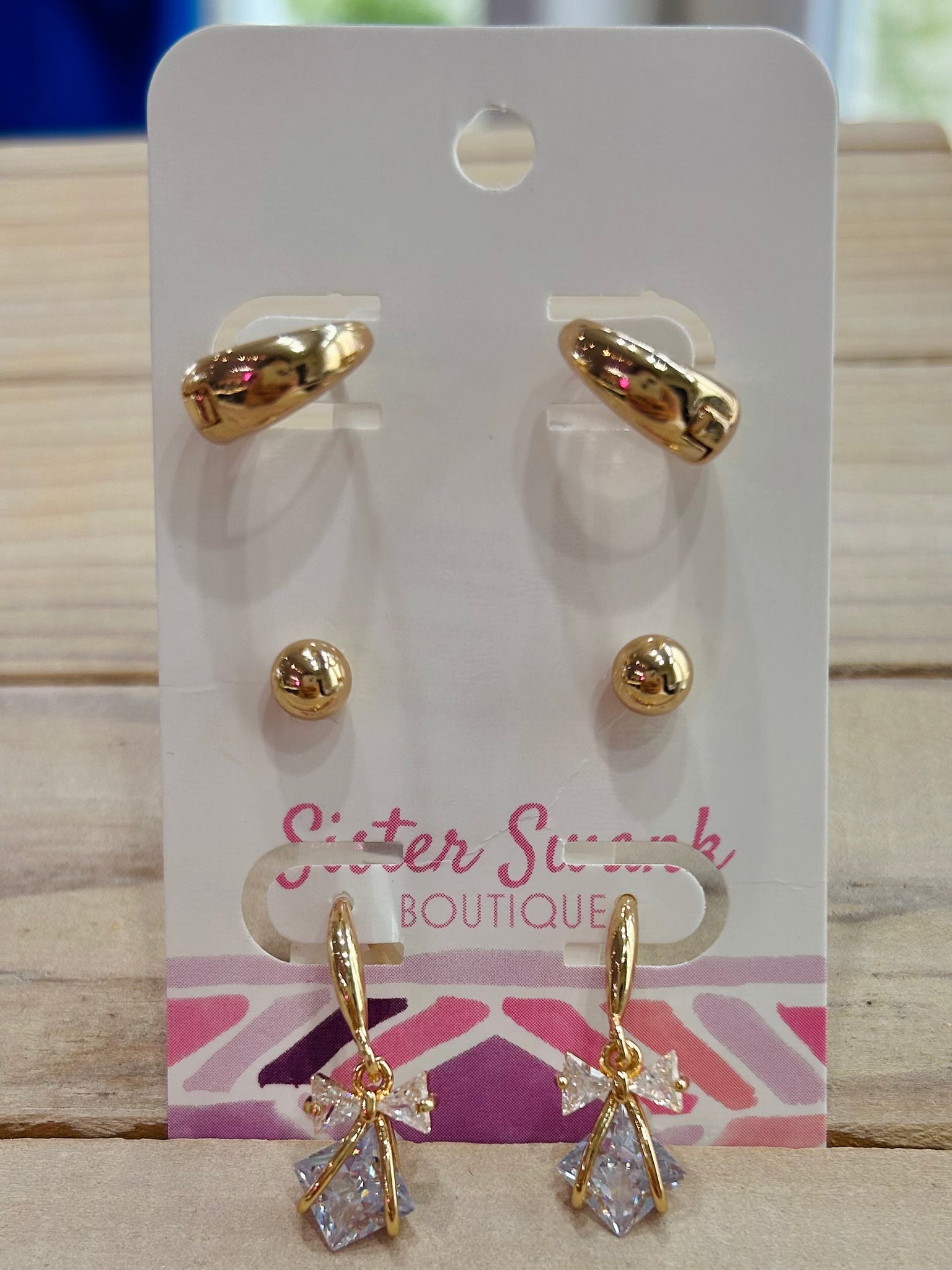 Set of Three Rhinestone Earrings - Gold