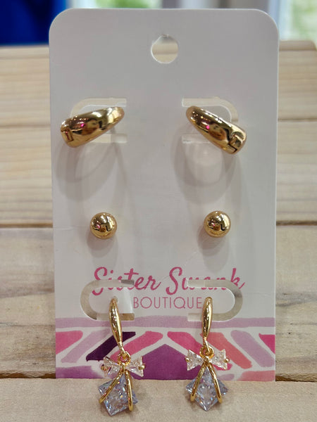 Set of Three Rhinestone Earrings - Gold