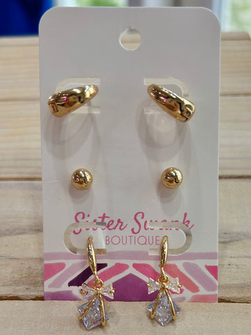 Set of Three Rhinestone Earrings - Gold