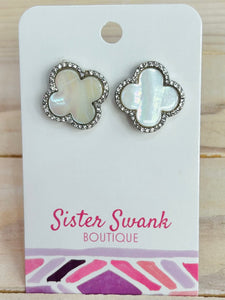 Clover Stud Earrings with Rhinestones - Silver