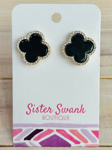 Clover Stud Earrings with Rhinestones - Black