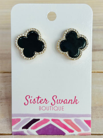 Clover Stud Earrings with Rhinestones - Black