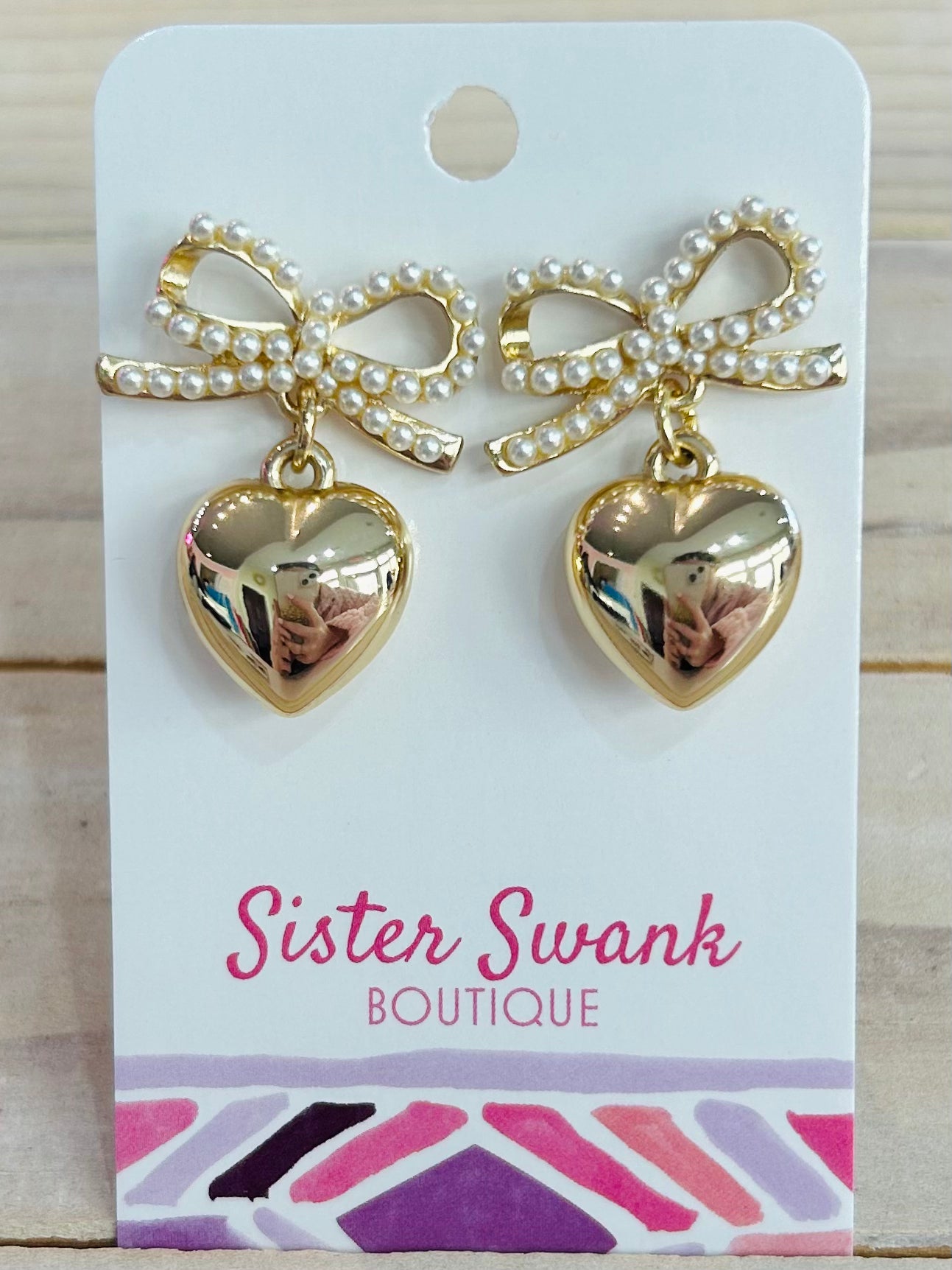 Heart Shaped Earrings with Bow Post - Gold