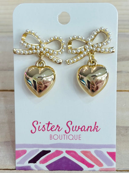 Heart Shaped Earrings with Bow Post - Gold