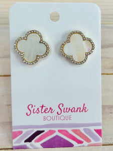 Clover Stud Earrings with Rhinestones - Gold