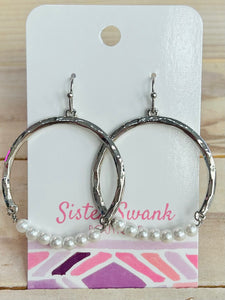 Hammered Metal Hoop/Pearl Drop Earrings - Silver