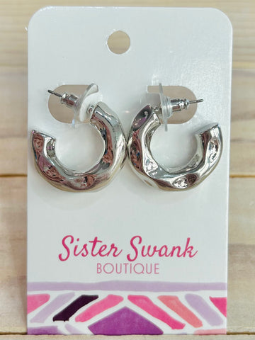 Pinched Metal Hoop Earrings - Silver