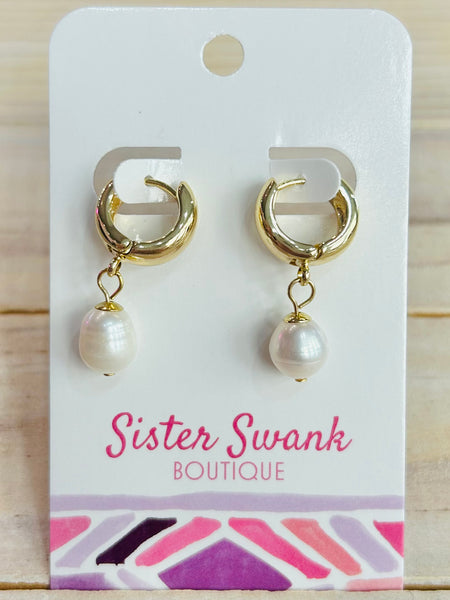 Pearl Charm Huggie Hoop Earrings - Gold