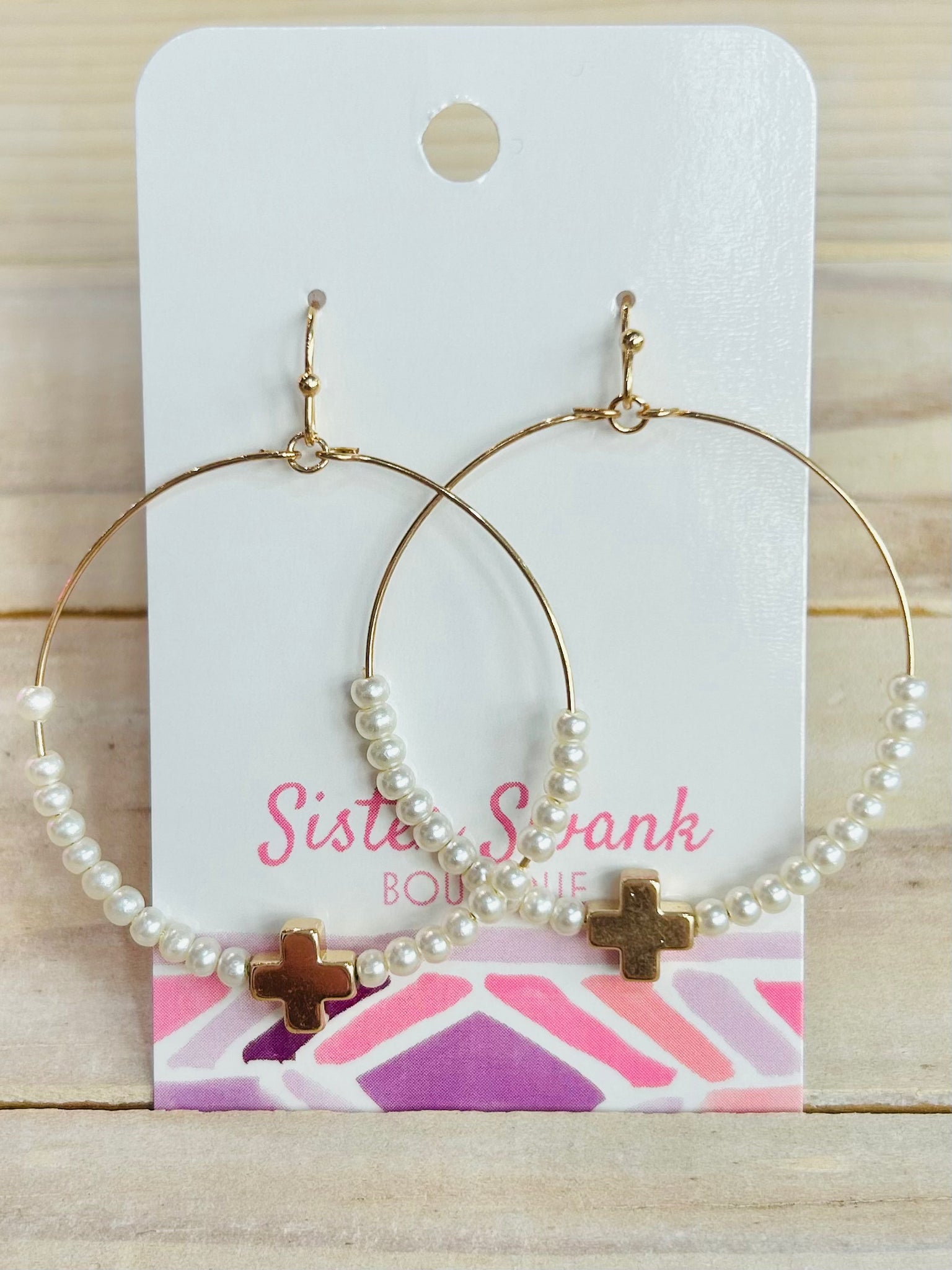 Beaded Cross Dangle Earrings - Gold