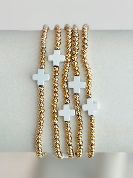 Cross Beaded Stretch Bracelet Set - White