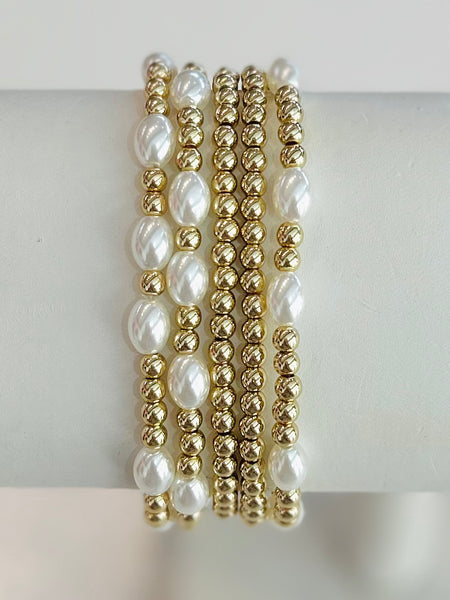 Set of Five Beaded Pearl Bracelets - Gold