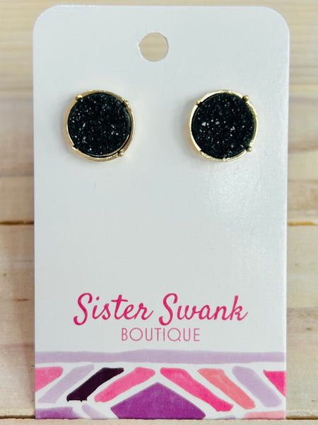 Round Druzy Stud Earrings - Black