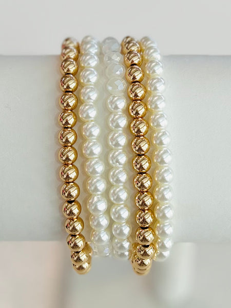 Set of Five Beaded Stretch Bracelets - White