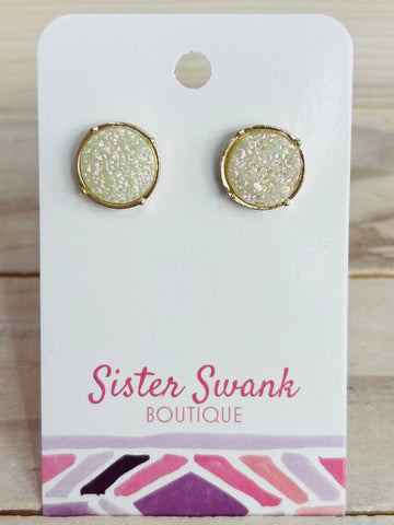 Round Druzy Stud Earrings - White