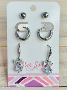 Set of Three Rhinestone Earrings - Silver