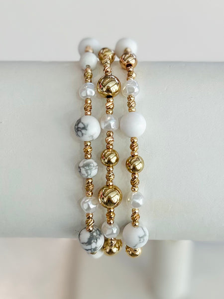 Stone & Pearl Beaded Stretch Bracelet Set - White Marble
