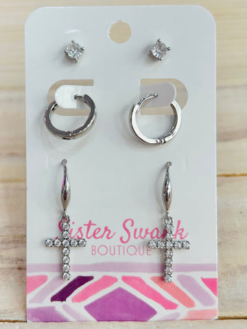 Set of Three Cross Earrings - Silver