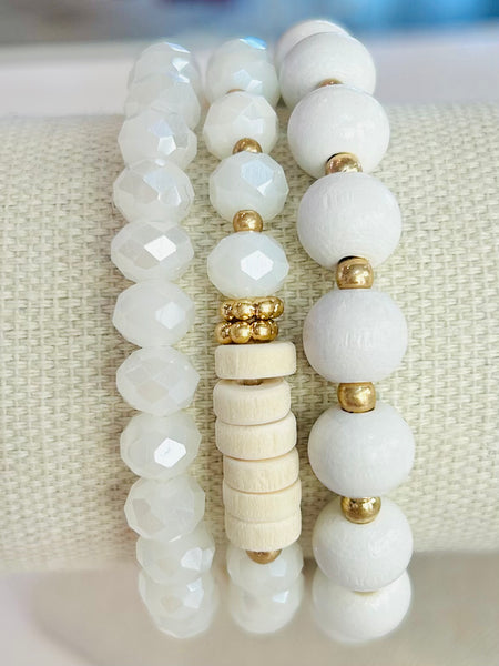 Set of Three Clover Beaded Stretch Bracelets - White