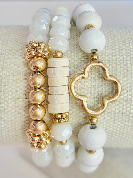 Set of Three Clover Beaded Stretch Bracelets - White