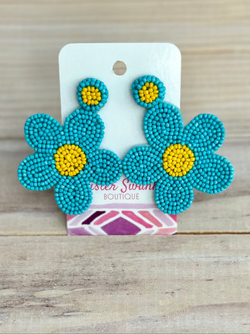Beaded Flower Earrings - Blue