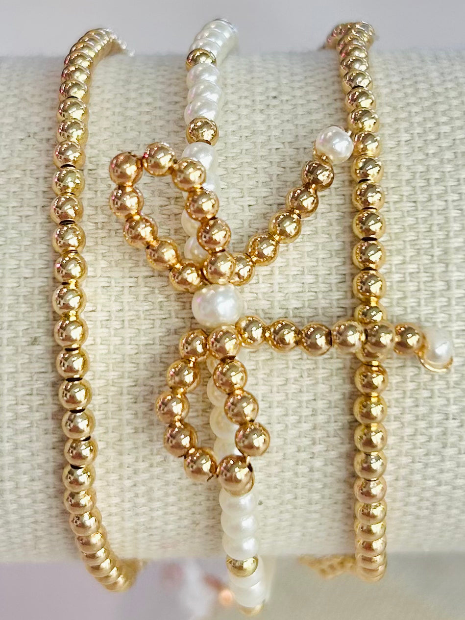 Beaded Bow & Pearl Stretch Bracelet Set - Gold