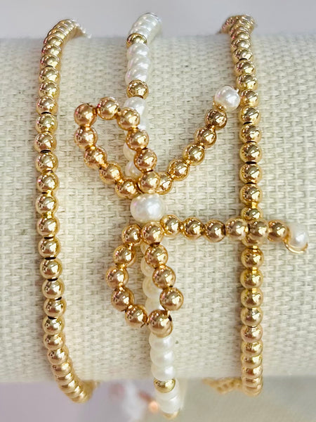 Beaded Bow & Pearl Stretch Bracelet Set - Gold