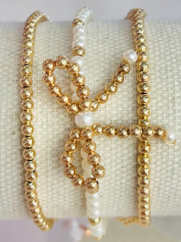 Beaded Bow & Pearl Stretch Bracelet Set - Gold