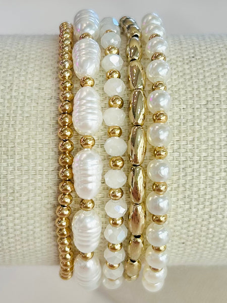 Pearl Beaded Stretch Bracelet Set - Gold