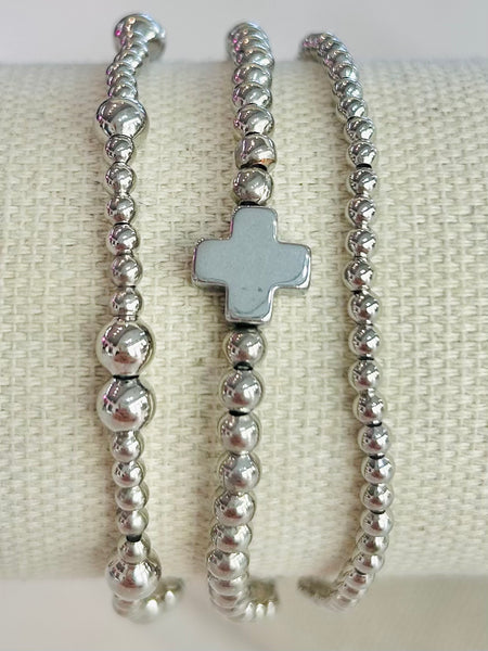 Cross Beaded Stretch Bracelet Set - Silver