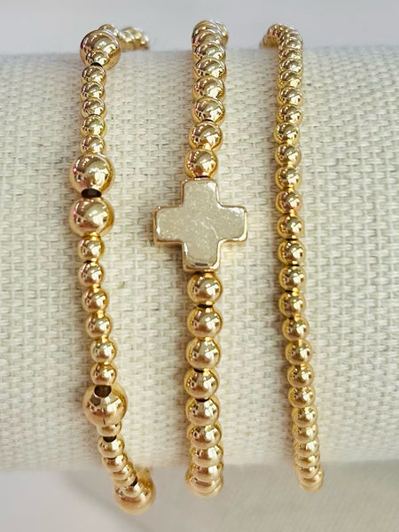 Cross Beaded Stretch Bracelet Set - Gold