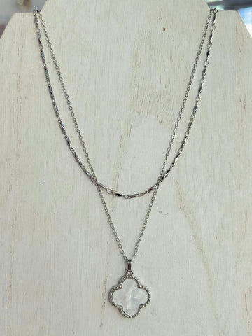 Layered Necklace Featuring Clover Station - Silver