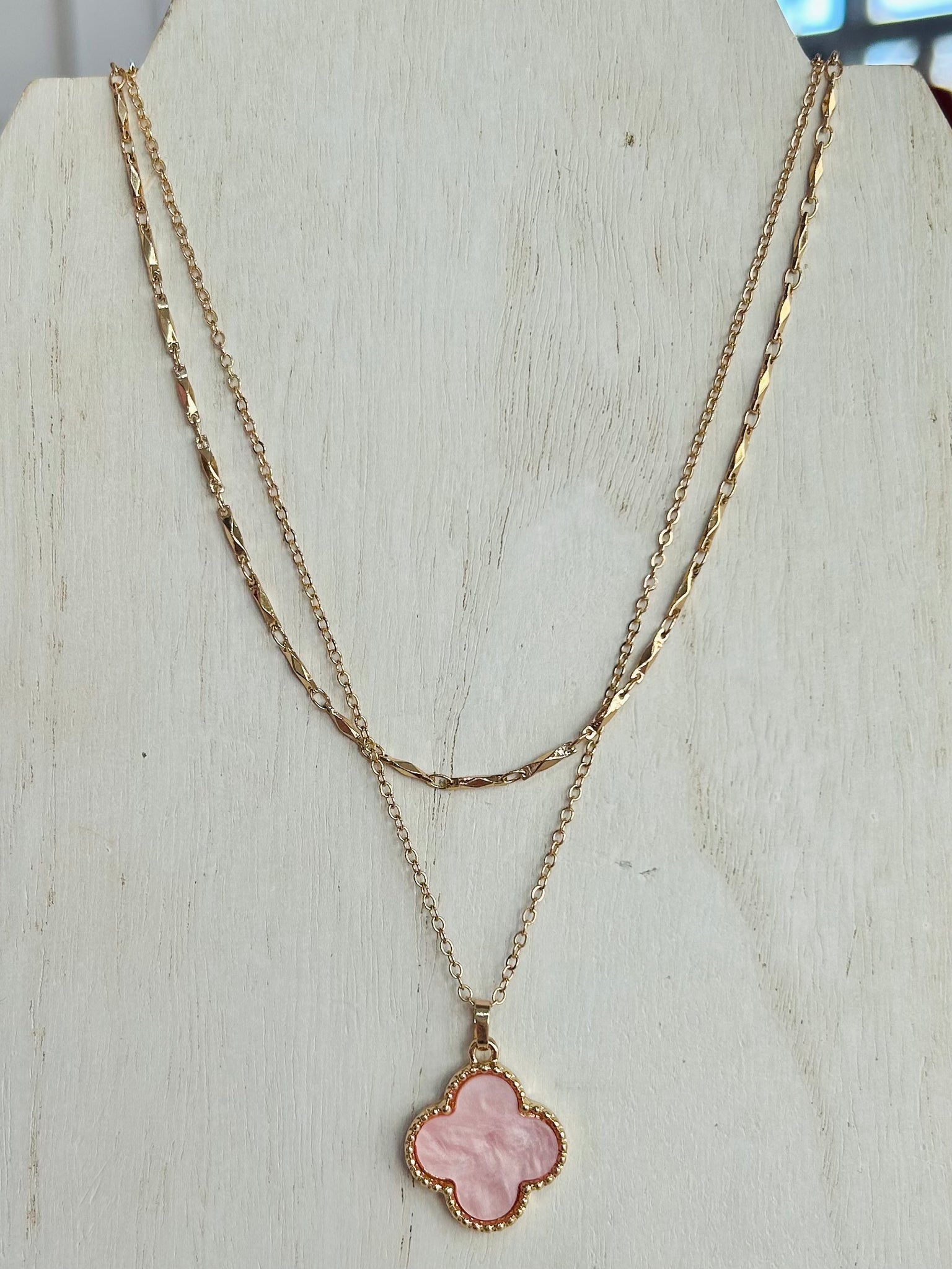 Layered Necklace Featuring Clover Station - Pink
