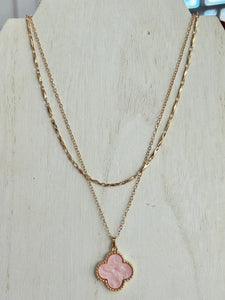 Layered Necklace Featuring Clover Station - Pink