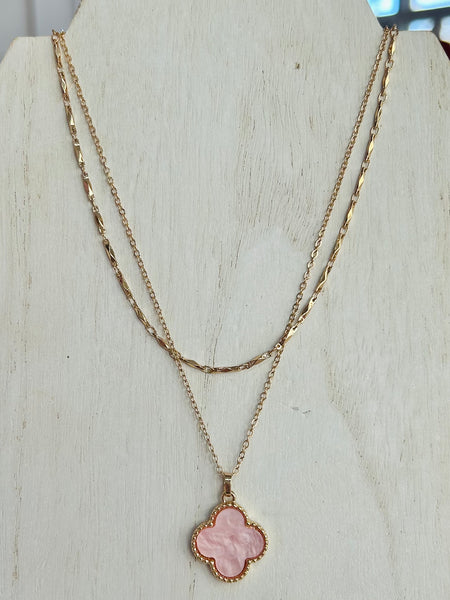 Layered Necklace Featuring Clover Station - Pink